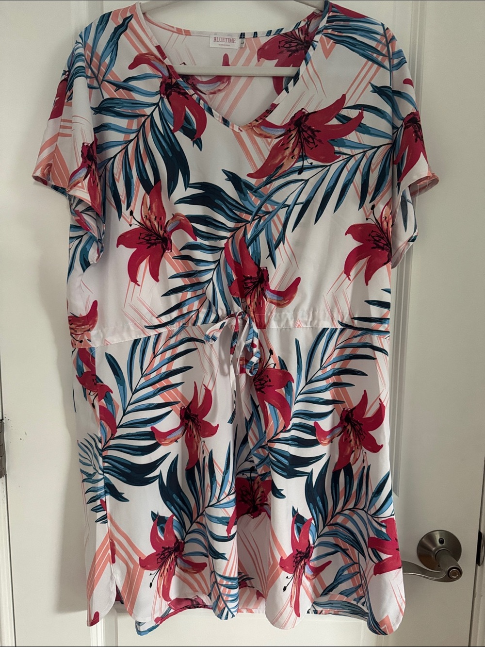 Tropical Floral V-Neck Drawstring Coverup. White with blue and pink.